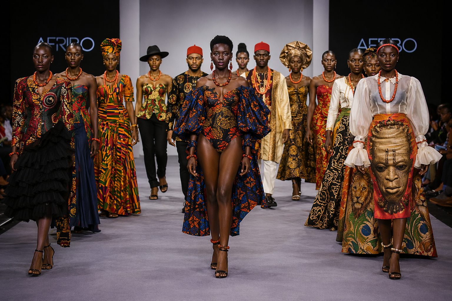 Models on a runway showcasing vibrant African traditional fashion and textiles