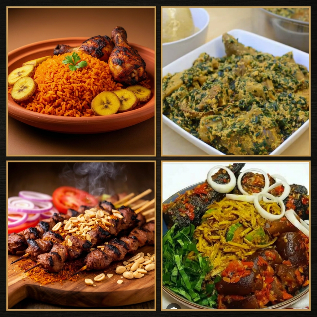 Collage of traditional Nigerian dishes: jollof rice, egusi soup, suya skewers and ugba salad