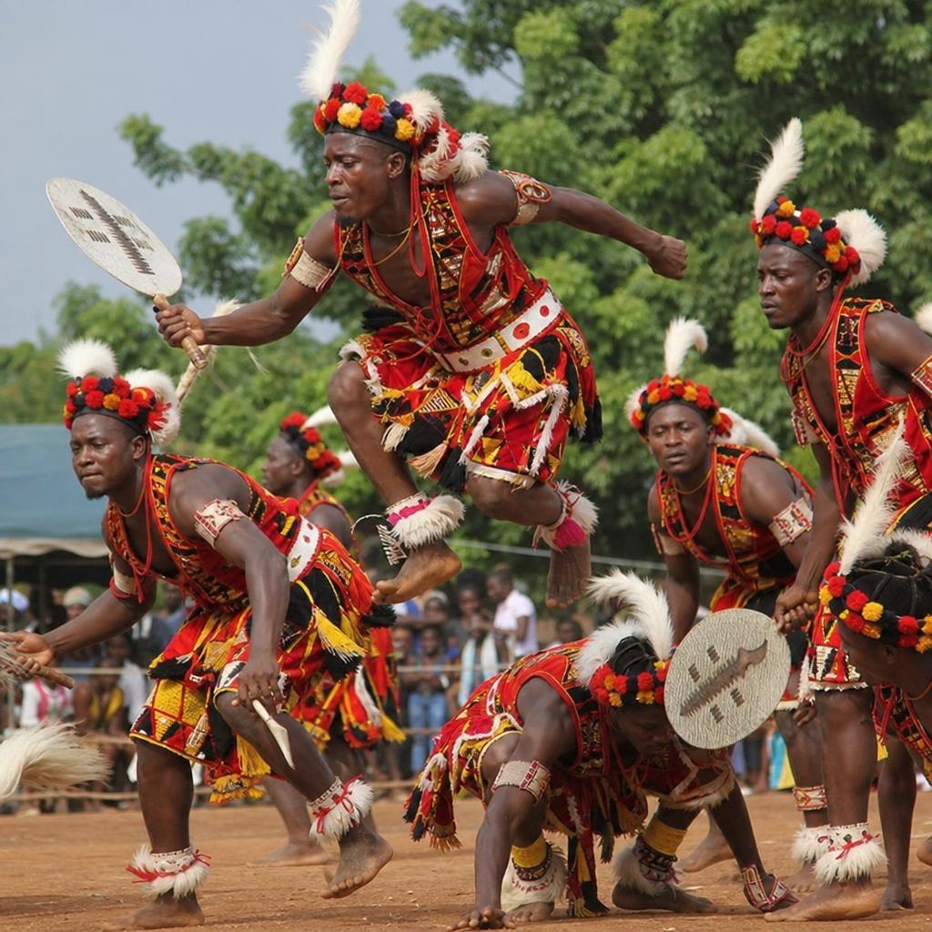 Adult traditional dancers in vibrant native costumes performing on stage