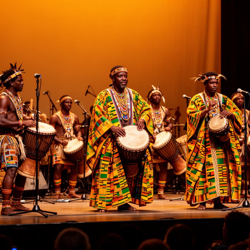 Traditional drummers and musicians in native attire performing live
